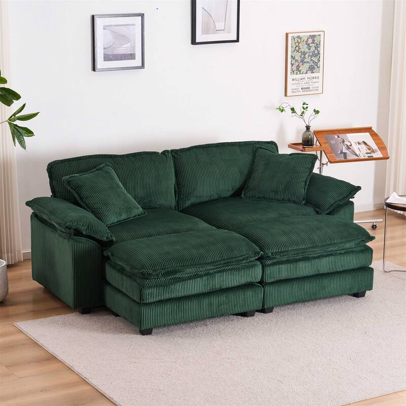 Modern 2-Seater Corduroy Sofa with 4 Support Pillows and 2 Ottomans