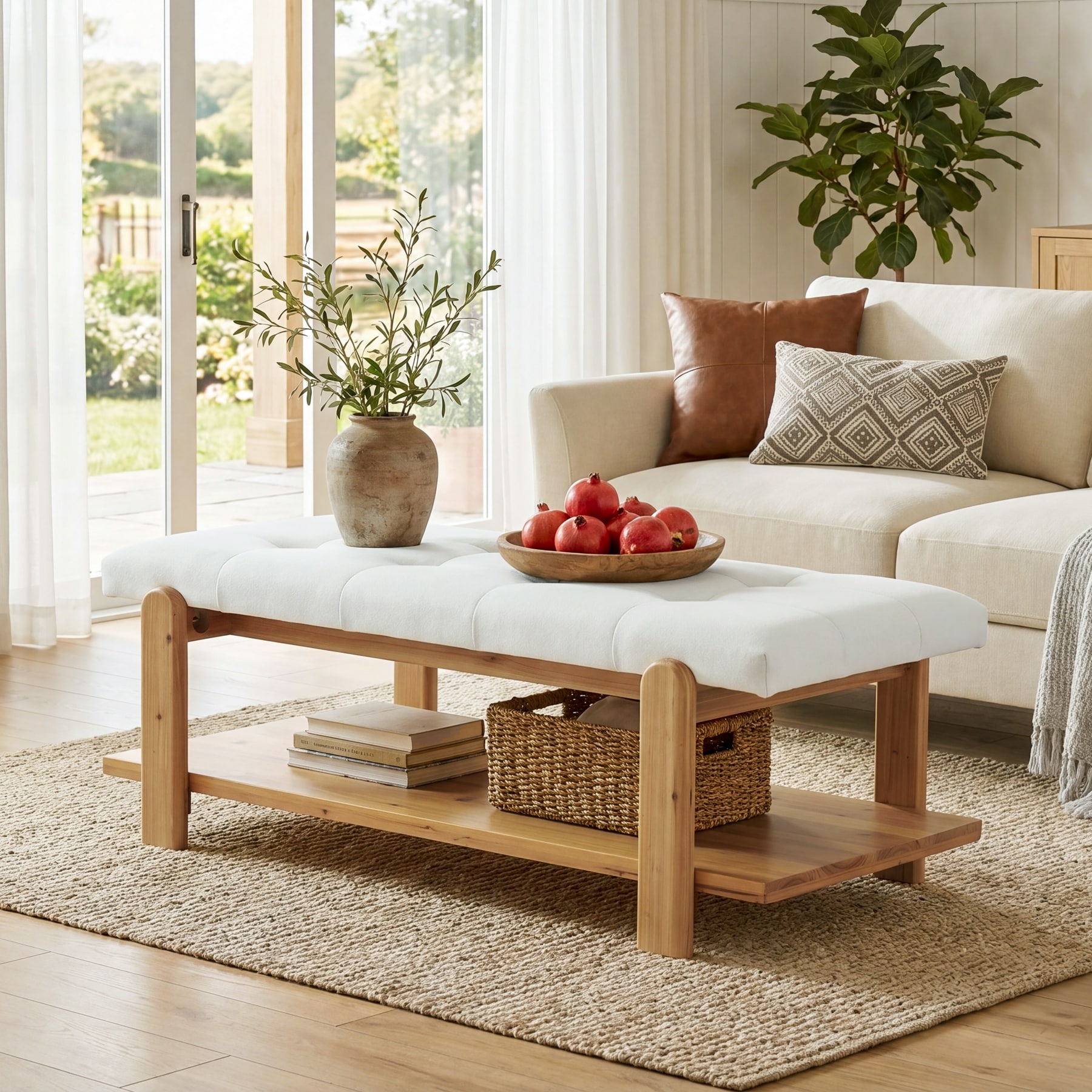 47.2" Tufted Ottoman Coffee Table with Solid Wood Storage Shelf