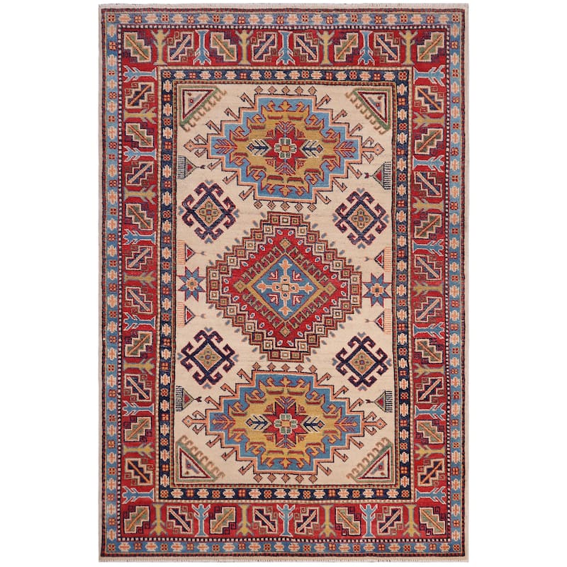 Tribal Kazak Emilia Beige/Red Wool Rug - 4'1'' x 6'4''
