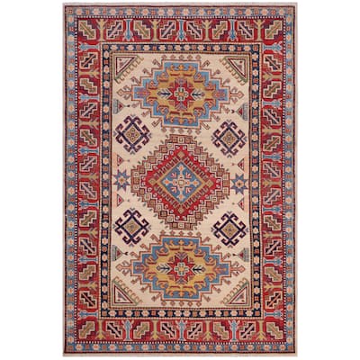 Tribal Kazak Emilia Beige/Red Wool Rug - 4'1'' x 6'4''