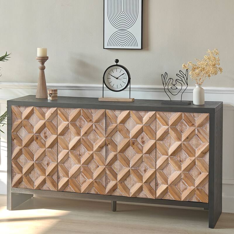 Rustic 4-Door Wood Storage Cabinet Buffets with Geometric Pattern,Adjustable Shelves Natural Wood Sideboard Cabinet