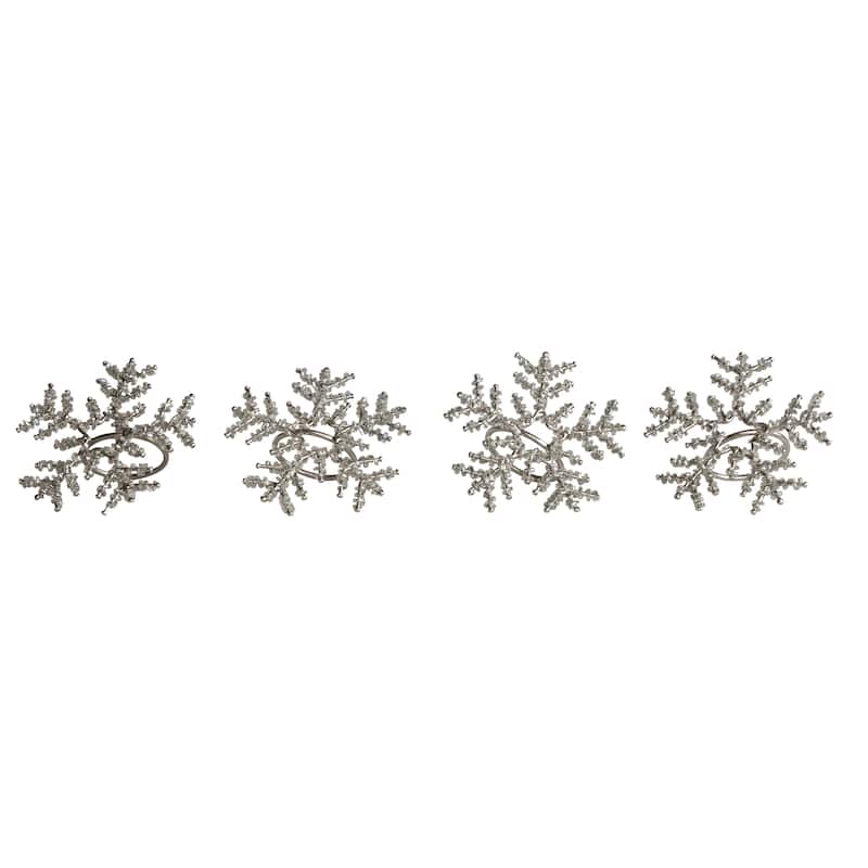 4-Piece Metal and Glass Beaded Snowflake Napkin Rings - 3.5"L x 3.5"W x 2.0"H - 3.5"L x 3.5"W x 2.0"H
