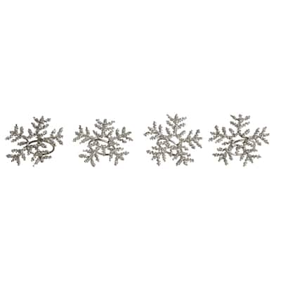 4-Piece Metal and Glass Beaded Snowflake Napkin Rings - 3.5"L x 3.5"W x 2.0"H