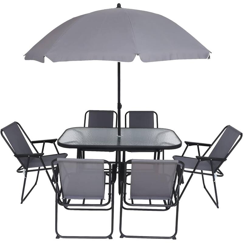 Garden Patio Furniture Set, 8-Piece Outdoor Dining Set with Umbrella 6 Folding Chairs,1 Rectangular Tempered Glass Table - Silver