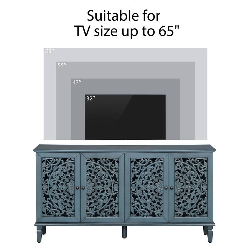 Floral Carvings with Solid Wood Legs&Antique Brass Handles&Adjustable Shelves, TV Stand for 65''+ TV, Sideboard