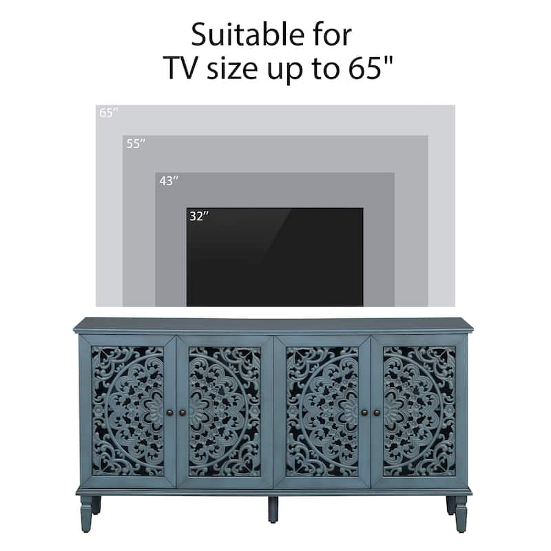 TV Stand Sideboard, Buffet Cabinet with Floral Carvings, Wood Storage Cabinet with Adjustable Shelves