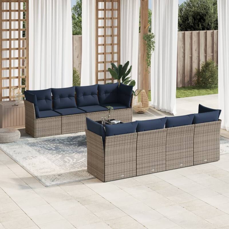 vidaXL 9 Piece Patio Sofa Set with Cushions Black/Brown/Gray Poly Rattan - 24.4 x 24.4 x 27.2 - Gray