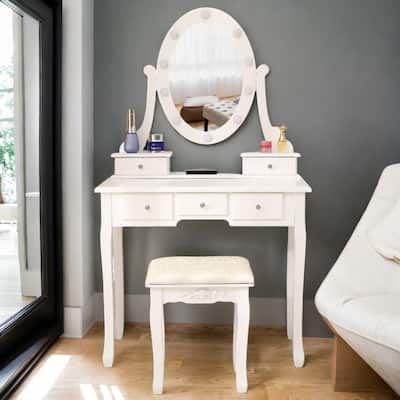 White MDF Dressing Table with LED Mirror, Stool, and Storage