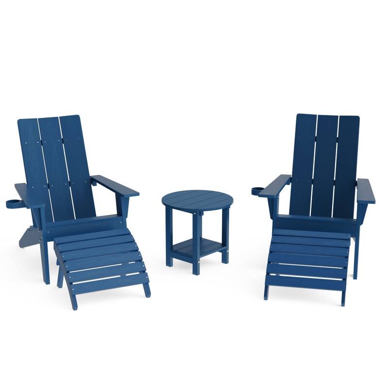 Winsoon 5-Piece All Weather HIPS Outdoor Adirondack Chair Set with Cup Holder, 2 Ottomans and 1 Side Table - Navy