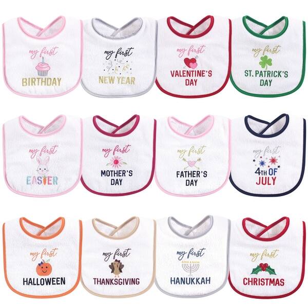 slide 1 of 1, Hudson Baby Infant Girl Cotton Terry Drooler Bibs with Fiber Filling 12pk, Girl Holiday - Girl Holiday - One Size