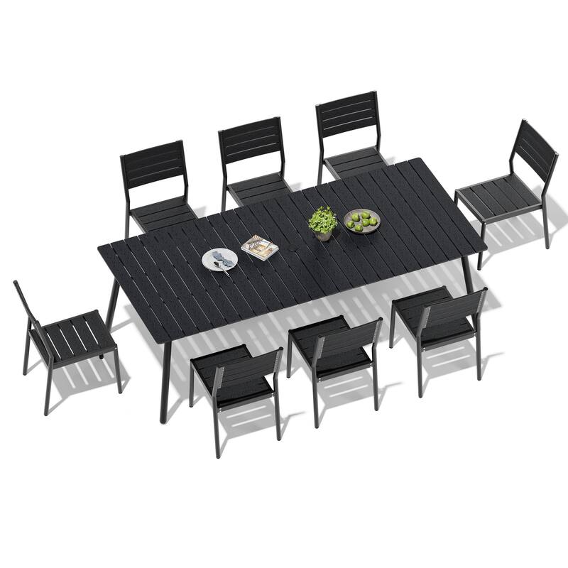 9-Piece Aluminum Outdoor Dining Set with Umbrella Hole and Stackable Chairs - Black