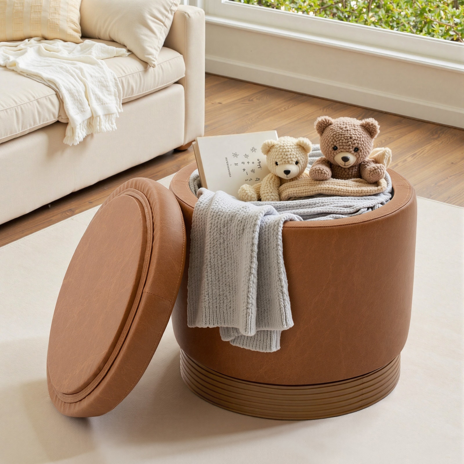 Fully Assembled Round Swivel Storage Ottoman Footstool with Flip-top, Acacia Hardwood Frame