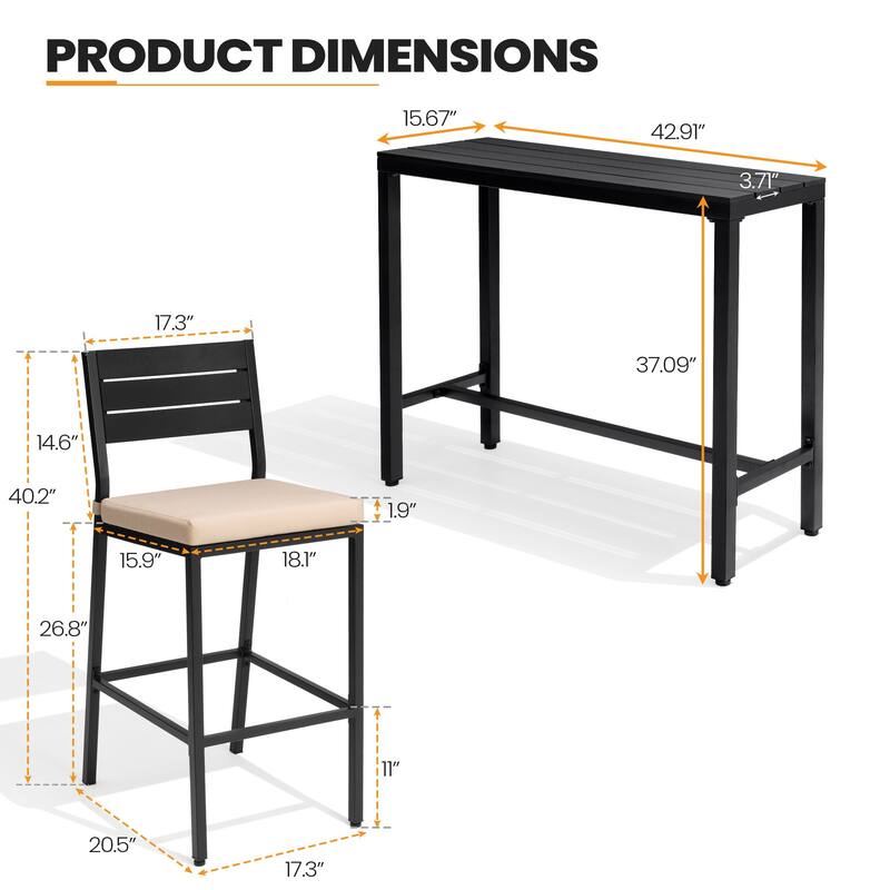 Outdoor Patio Bar Stools Set Rectangle Bar Table and Barstools with Cushion - N/A