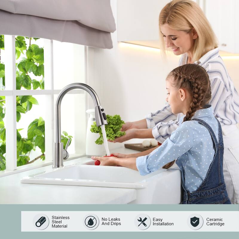 WOWOW 3-Function Pull down Sprayer Kitchen Faucet with Deckplate