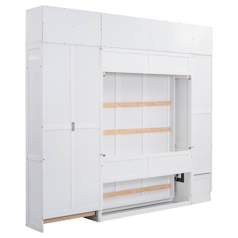 Murphy Bed Cabinet with Wardrobe & Drawers, Full Solid Wood Foldable Hidden Wall Platform Bedframe Chest with Storage Cabinets