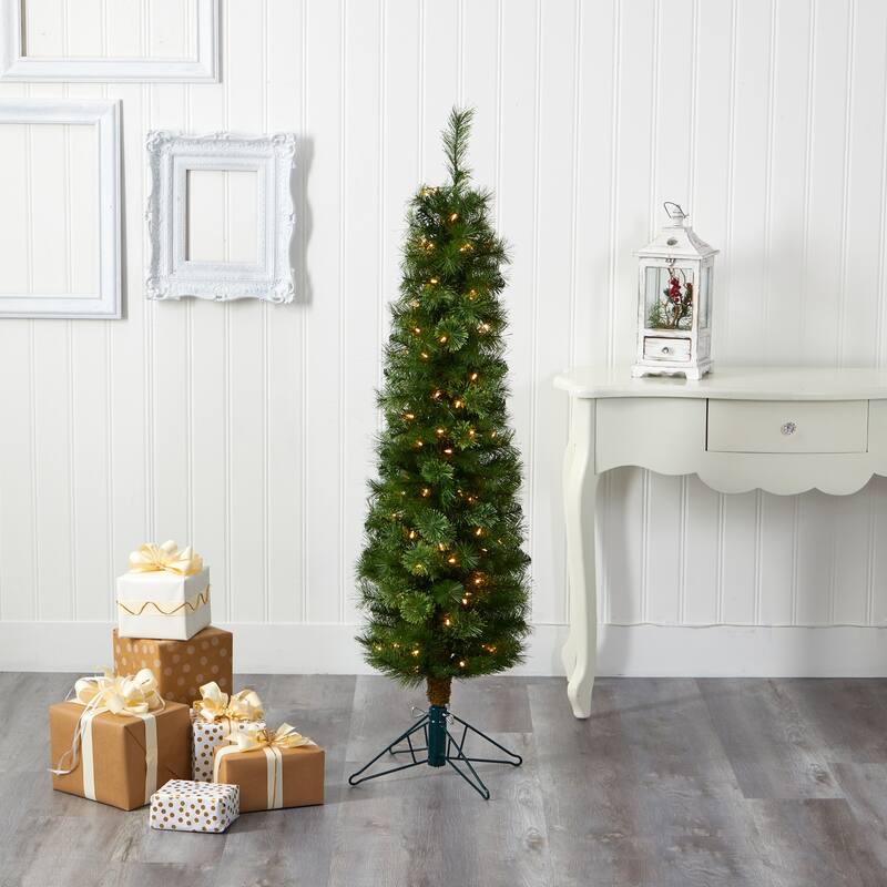 5ft Green Pencil Christmas Tree with Lights - Slim Artificial Holiday Decor - 60