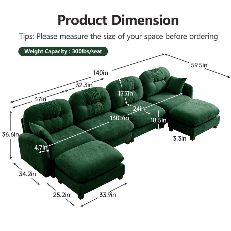 140" U Shaped Modern Sofa, Modular Sectional Couch Set with 2 Ottoman, 4 Seat Chenille Deep Seat Sofa for Living Room