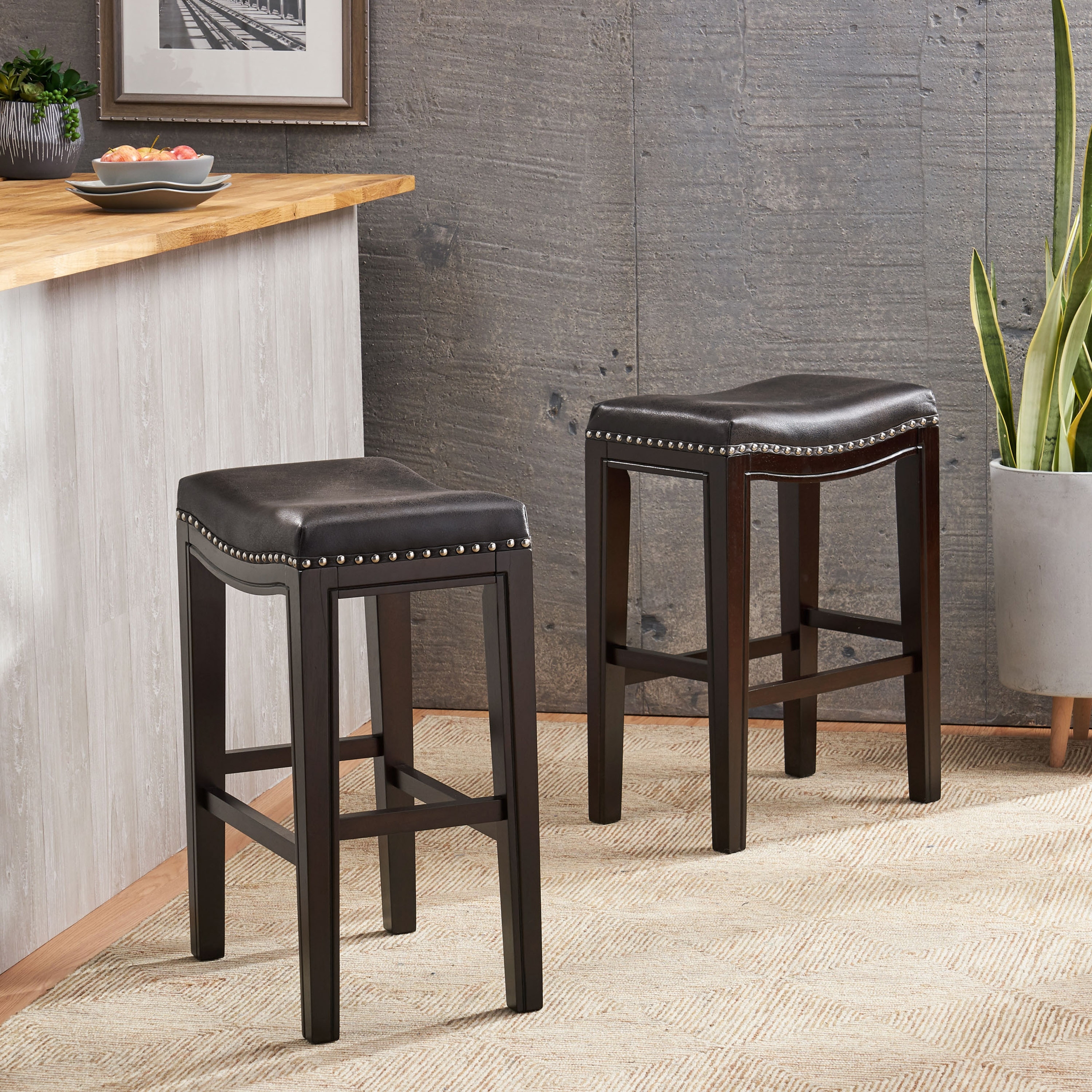 Roomfitters Backless Counter Stools with Nailhead Trim and Upholstered Seat, Sturdy Wooden Frame for Kitchen or Bar, Set of 2