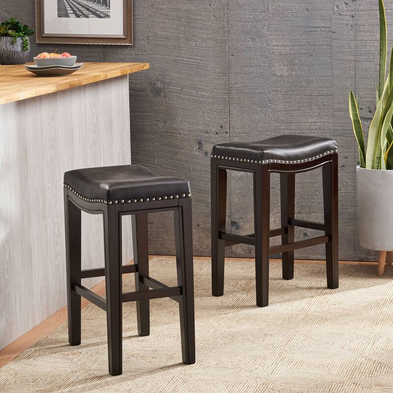 Tiffin Contemporary Studded Fabric Counter Stool (Set of 2) by Christopher Knight Home - Black+Charcoal Brown