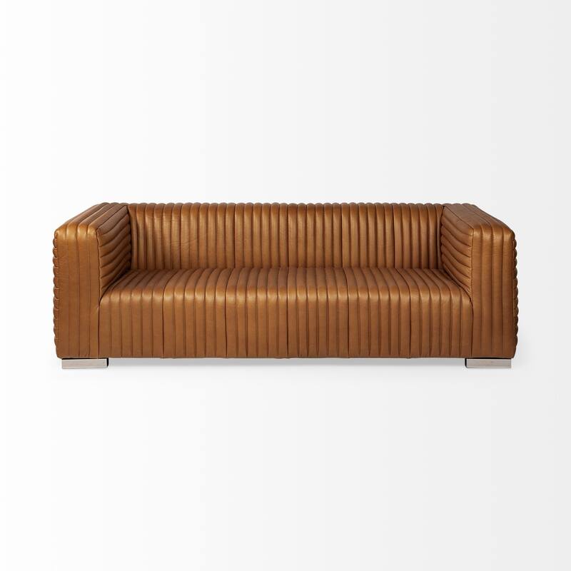 Ricciardo Cognac Genuine Leather Wrapped Sofa - 86.6L x 38.6W x 26.4H