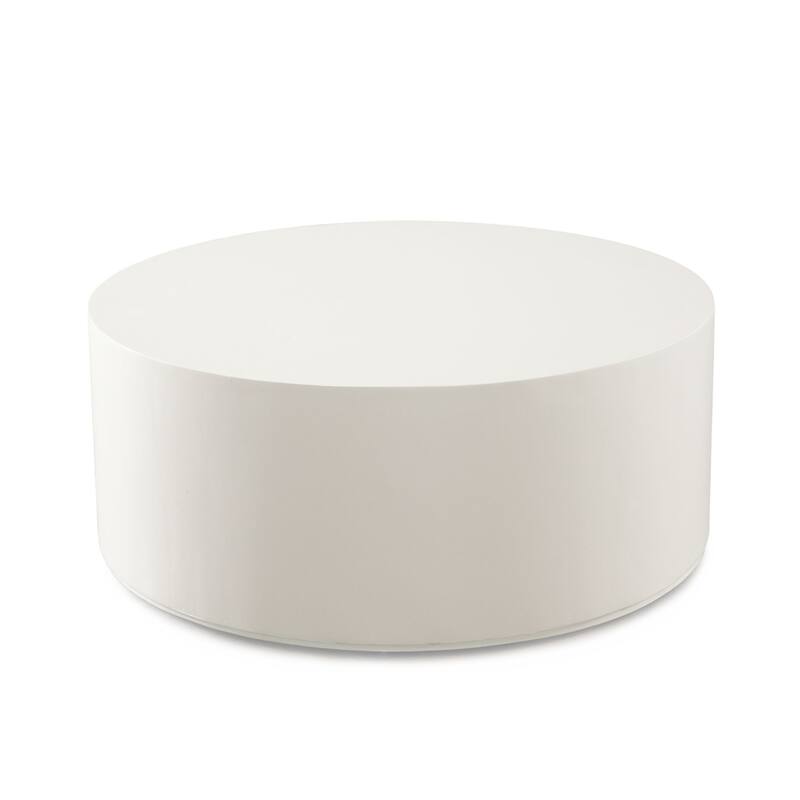 Viko Round Coffee Table, White Wood Faux Concrete Finish, 39 Inch