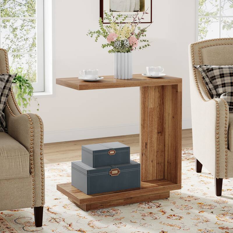 C-Shaped Side Table, 2-Tier Narrow End Table Wood Bedside Table