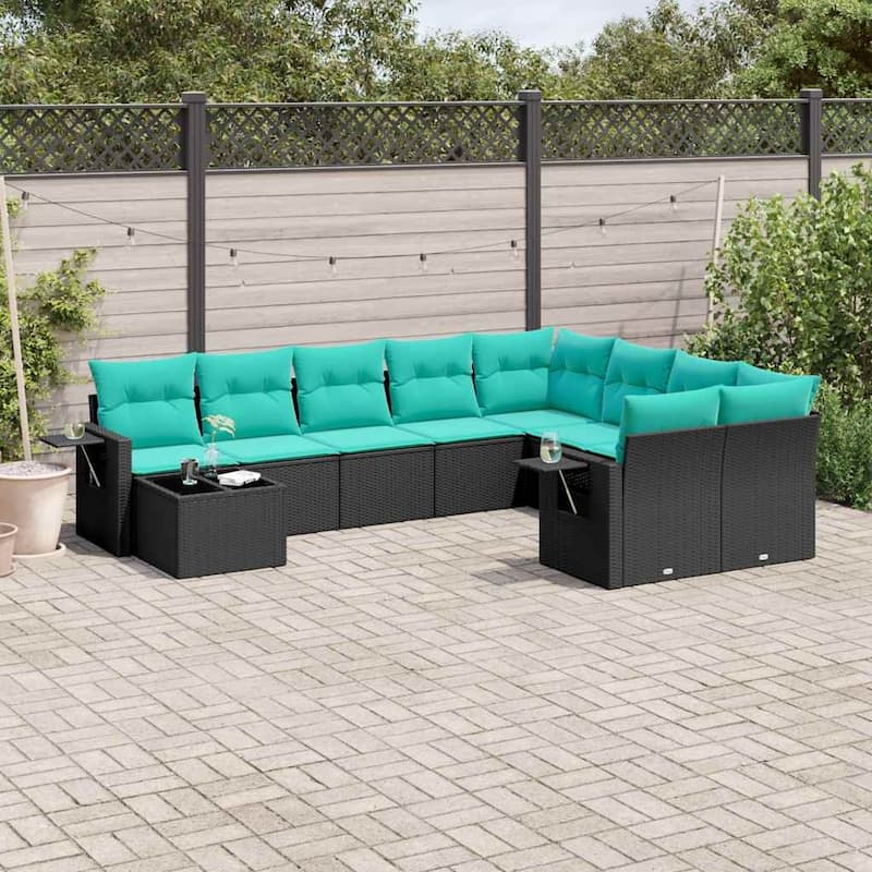 vidaXL Patio Sofa Set with Cushions Outdoor Furniture 10 Piece Poly Rattan - 24.4 x 24.4 x 27.2 - Black and Blue