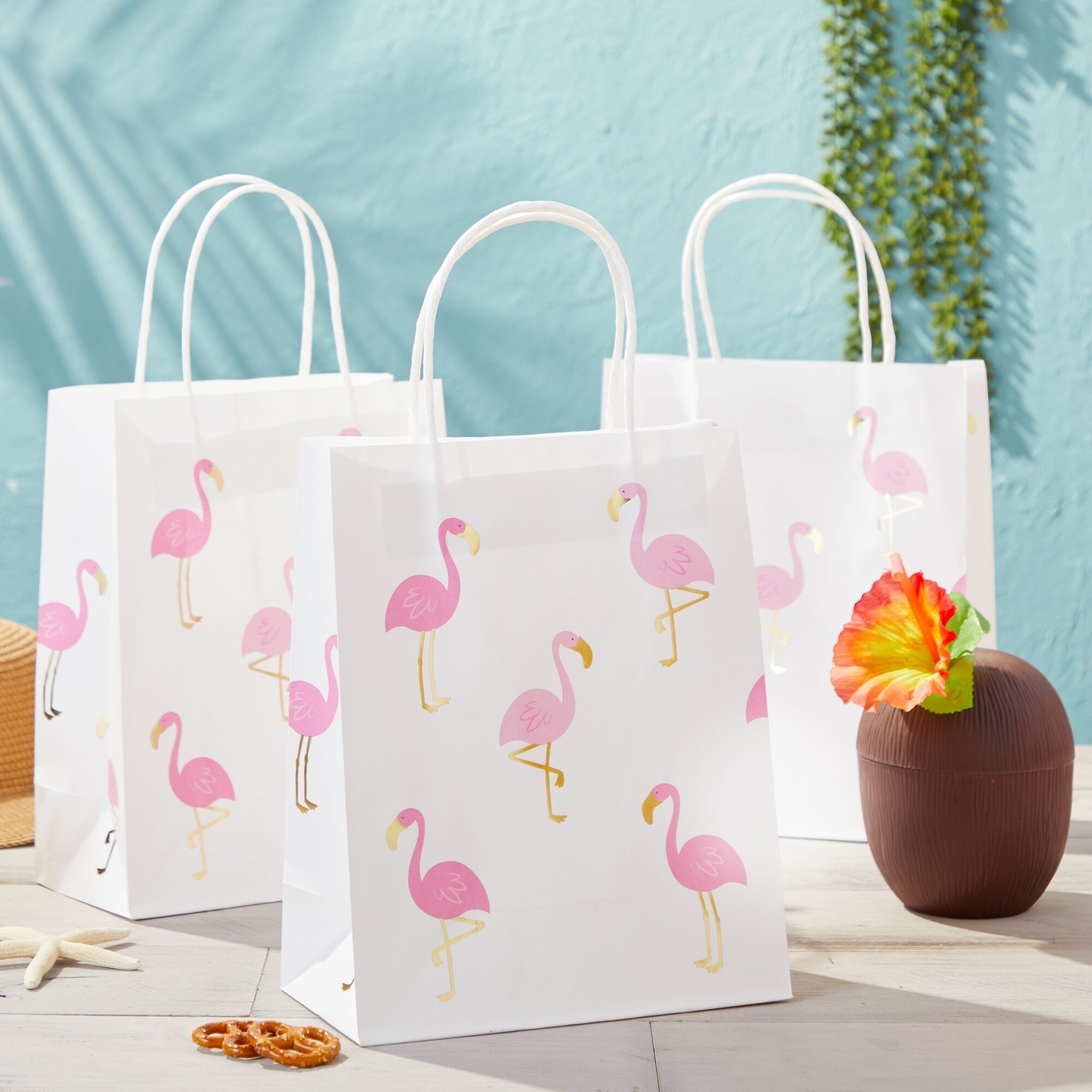 Sparkle And Bash 24 Pack Flamingo Birthday Party Favor Gift Bags With Convenient Handles Medium Size 8x10x4 Inches For Tropical Themed Decorations