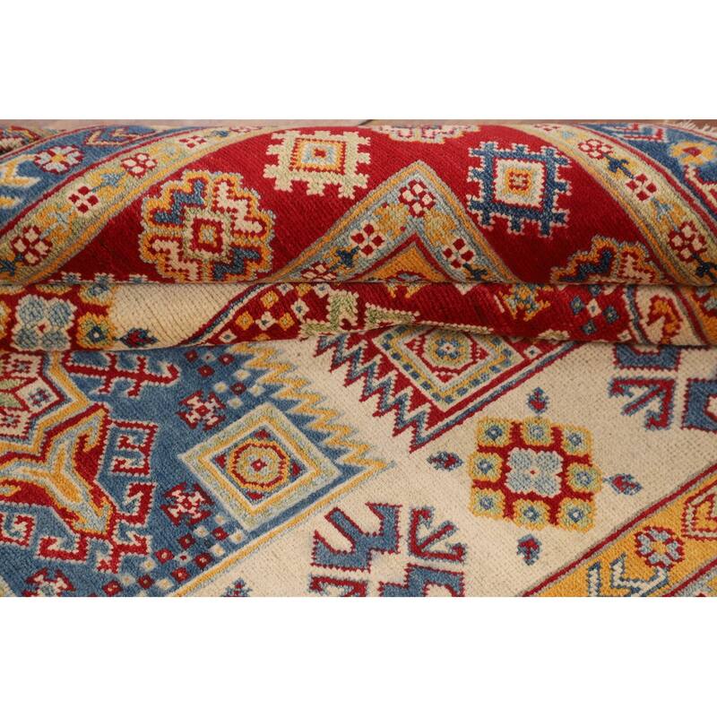 Geometric Kazak Oriental Area Rug Hand-Knotted Grey Wool Carpet - 4'10" x 6'5"