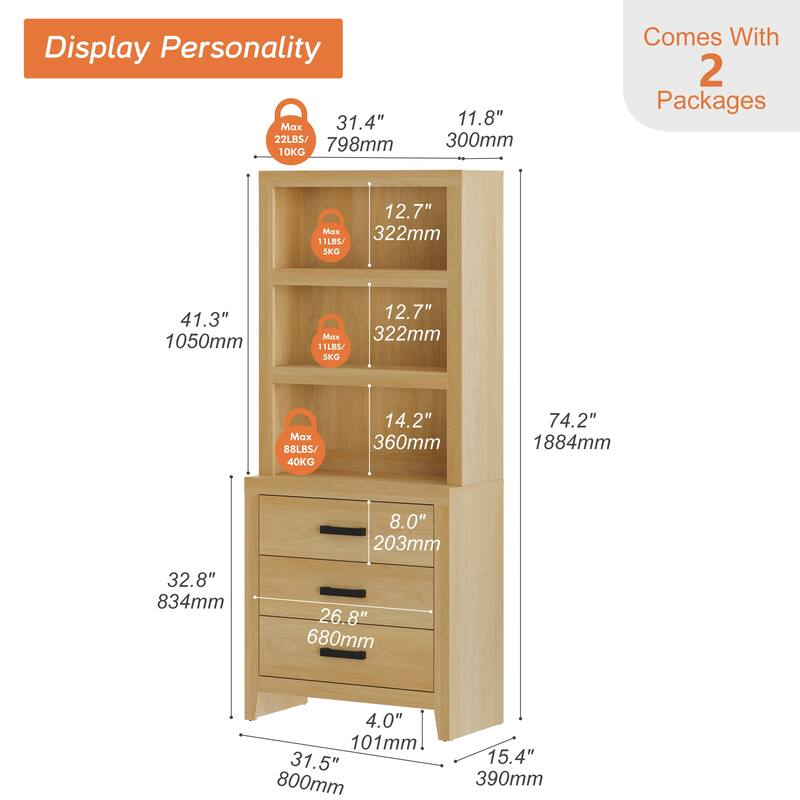 3-Tier Bookshelf with 3 Large Drawers, 74" Tall Farmhouse Bookcase with Wide Metal Handles, for Living Room, Office, Library