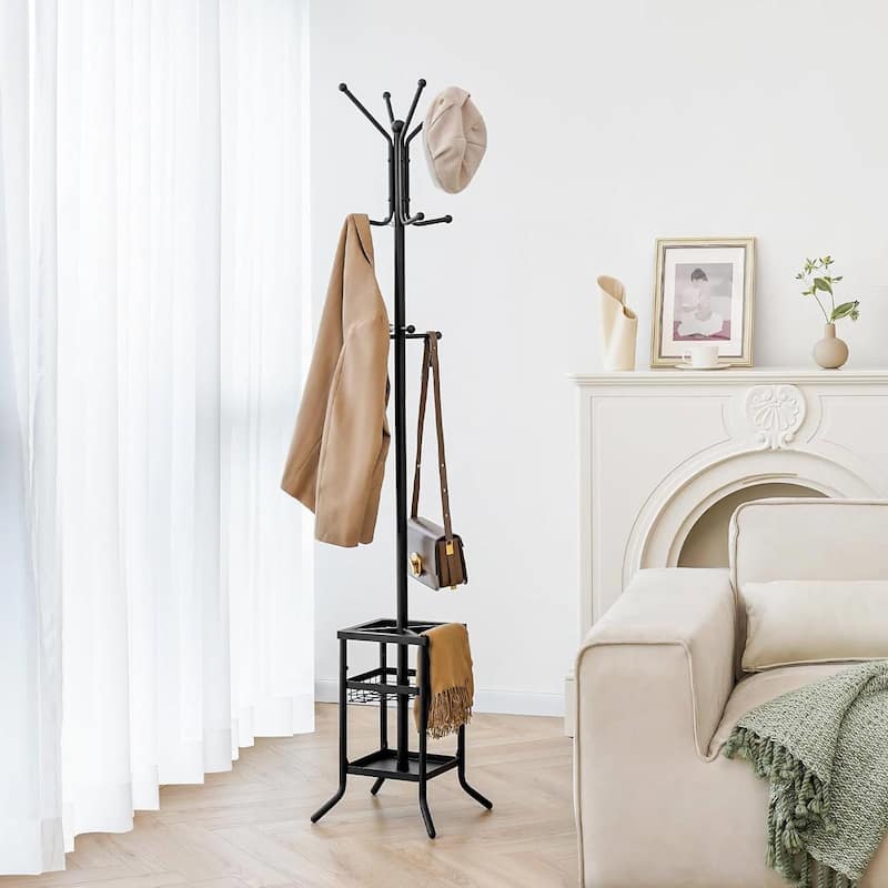 Metal 12-Hook Coat Rack Hall Tree with Umbrella Holder and Tray - 13.7" D × 13.7" W × 73.6" H