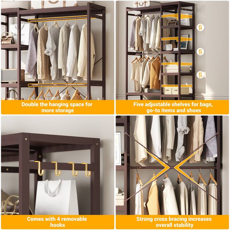 Bamboo Closet System Clothes Rack, Large Freestanding Garment Rack Clothing Rack for Hanging Clothes