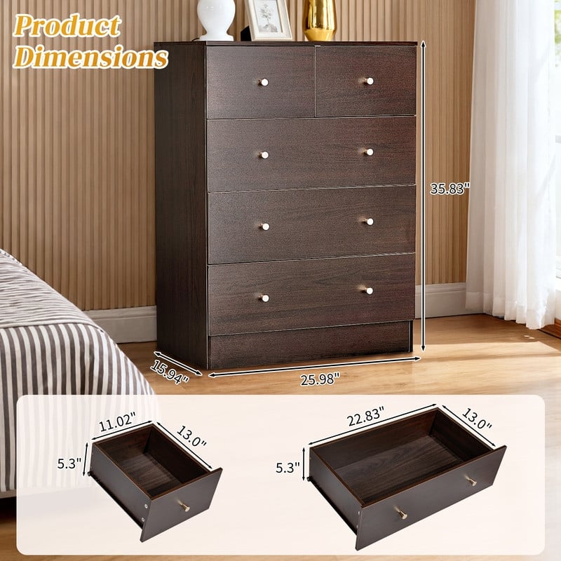 5-Drawer Dresser For Bedroom And Chest Of Drawers With Sturdy Construction Wood Storage Organizer For Closet