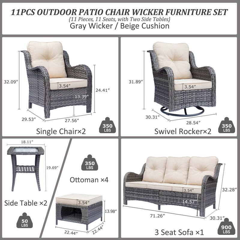 Gray Wicker Outdoor Patio Furniture Set with Swivel Rocker Patio Chairs