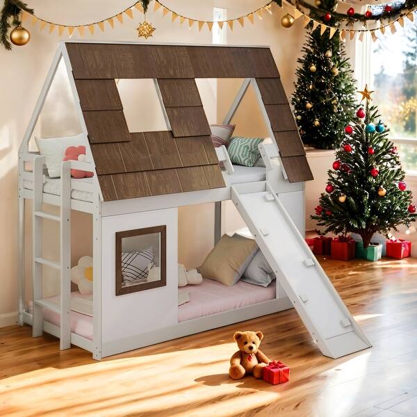 slide 2 of 20, Twin Size House Bunk Bed with Window Roof and Ladder and Climbing Ramp Brown+White