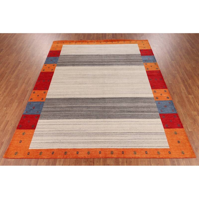 Modern Gabbeh Oriental Area Rug Hand-Knotted Beige Wool Carpet - 8'5" x 9'9"