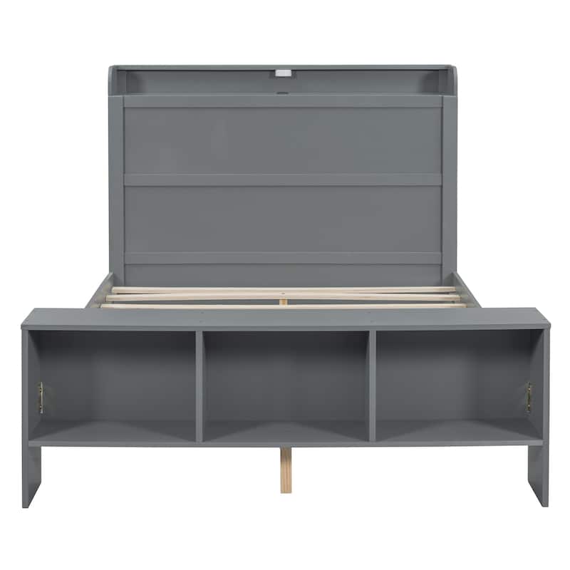 HomeRoots Gray Wood Full Bed Frame With LED Lighting And USB