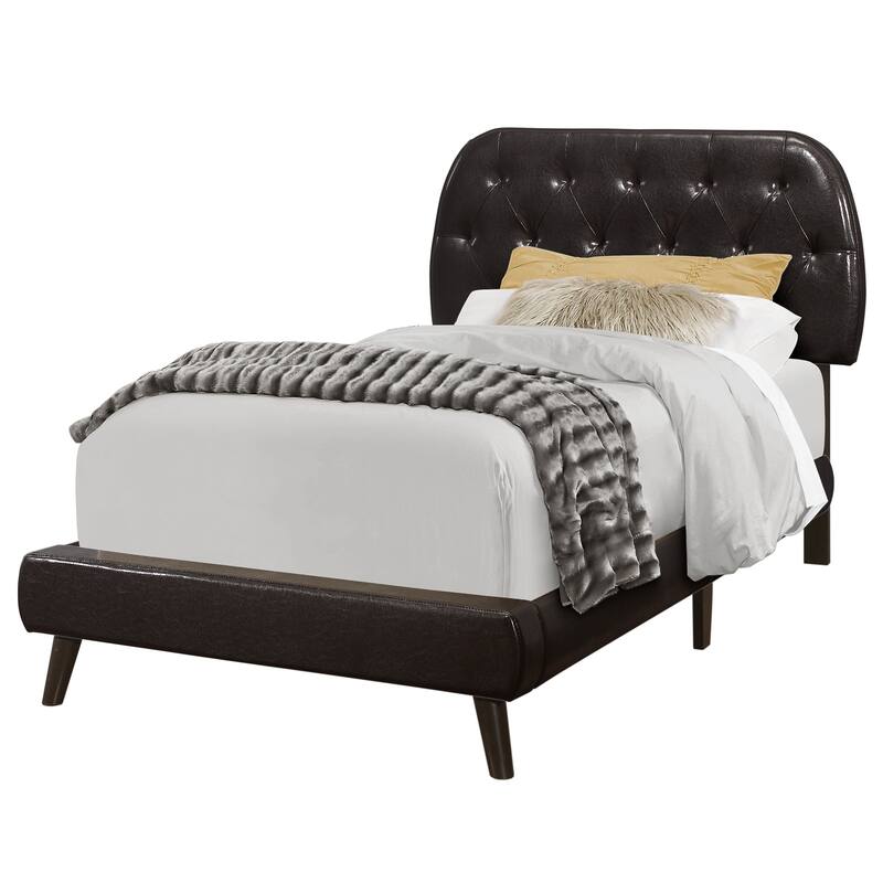 Twin Transitional PU Leather Platform Bed with Wooden Legs and Diamond Tufted Headboard in Brown