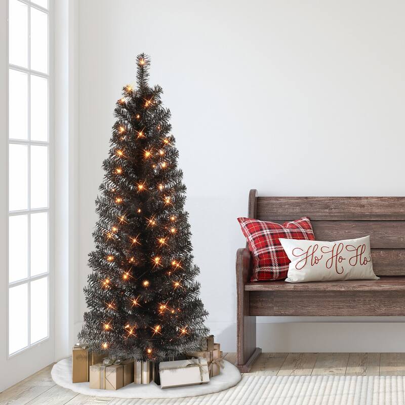 4.5' Pre-lit Black Tinsel Slim Artificial Christmas Tree, Clear Lights - 4.5 Foot