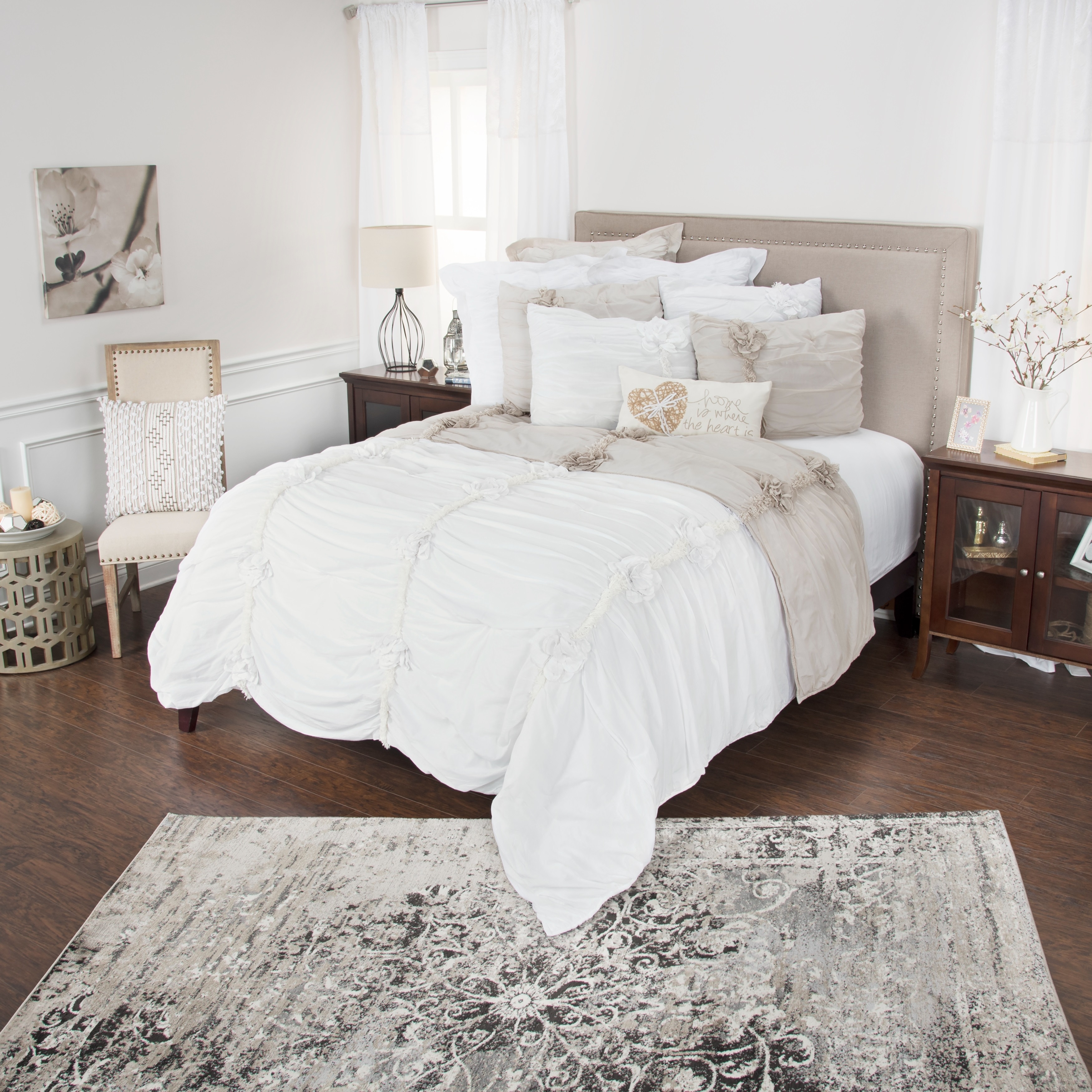 Alyana White Textured Floral Quilt in White