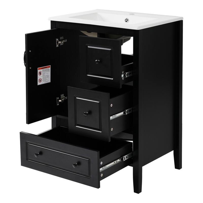 24 inch Bathroom Vanity with Sink, 3 Soft-closing Drawers, Retro Metal Handles