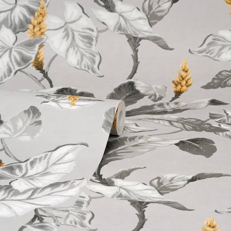 Brewster Meridian Parade Grey Tropical Leaves Wallpaper