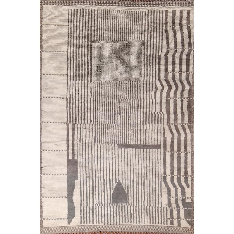 Striped Moroccan Oriental Area Rug Hand-Knotted Wool Carpet - 7'11"x 10'8"
