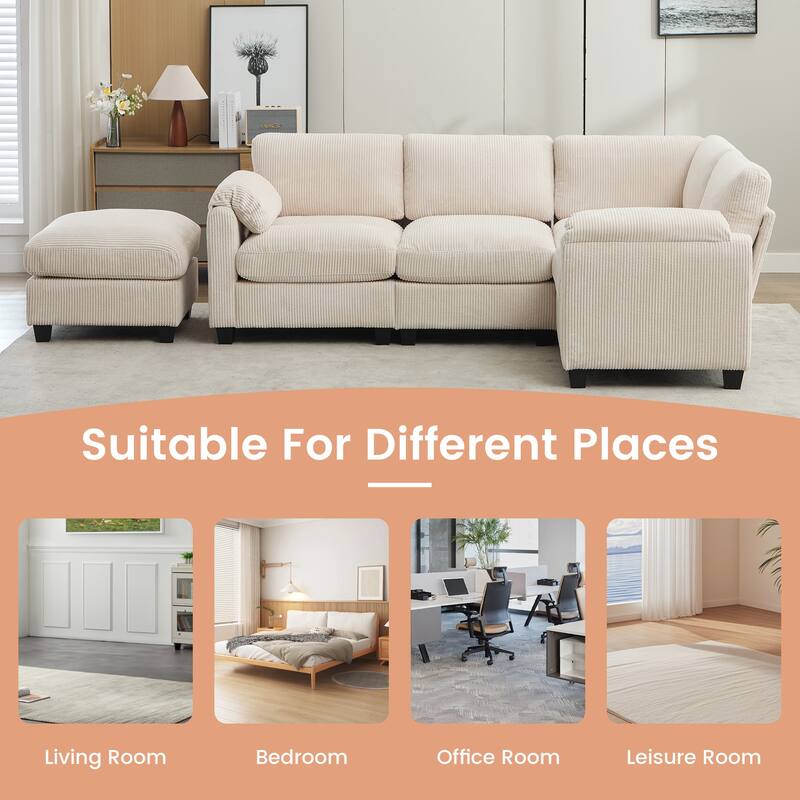 5-Seater Corduroy Sectional Sofa, Removable Ottoman, Modular Design