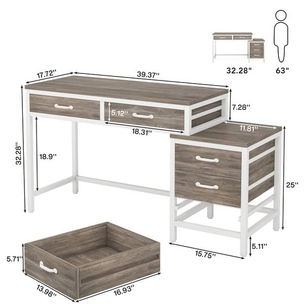 dimension image slide 6 of 7, Computer Desk with 5 Drawers, Reversible Writing Desk with File Cabinet Printer Stand