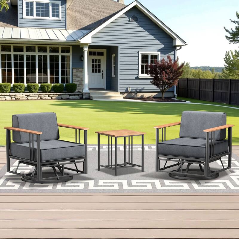 Outdoor Patio Funiture Set with Extra-Thick Seat cushion - Black & Dark Grey Cushion - 3PCS Gldier Chairs with Table