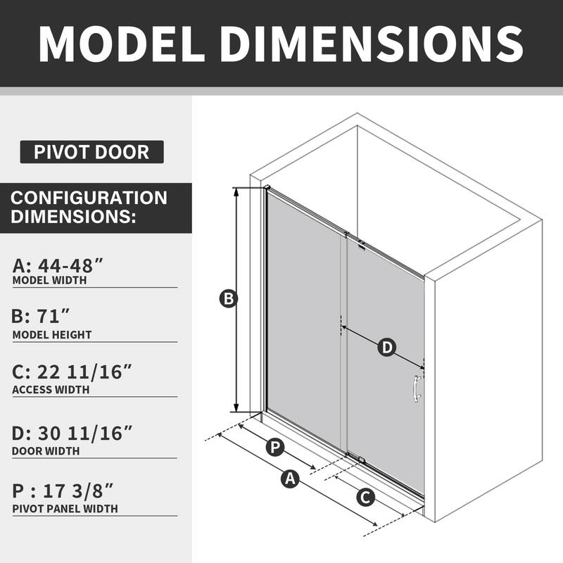 Modland 42''/48''/54''/60''W x 71''H Frameless Pivot Swing Shower Door Enclosure with 1/4" SGCC Tempered Glass Door