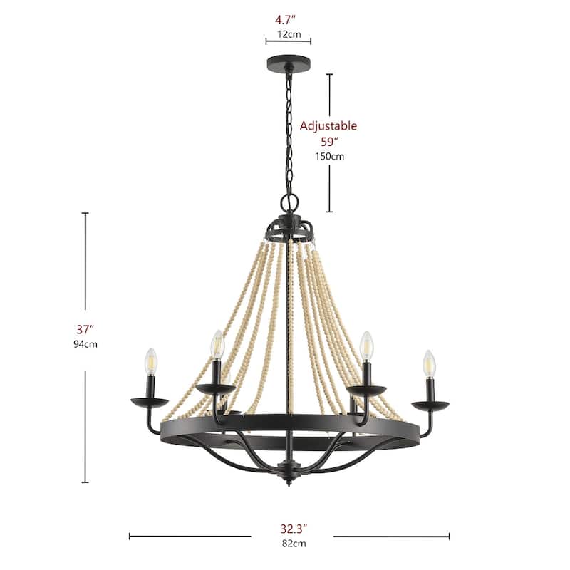 6-Lights Farmhouse Wood Bead Candle Chandelier - 32"D×4.7"W×96"H（Adjustable）