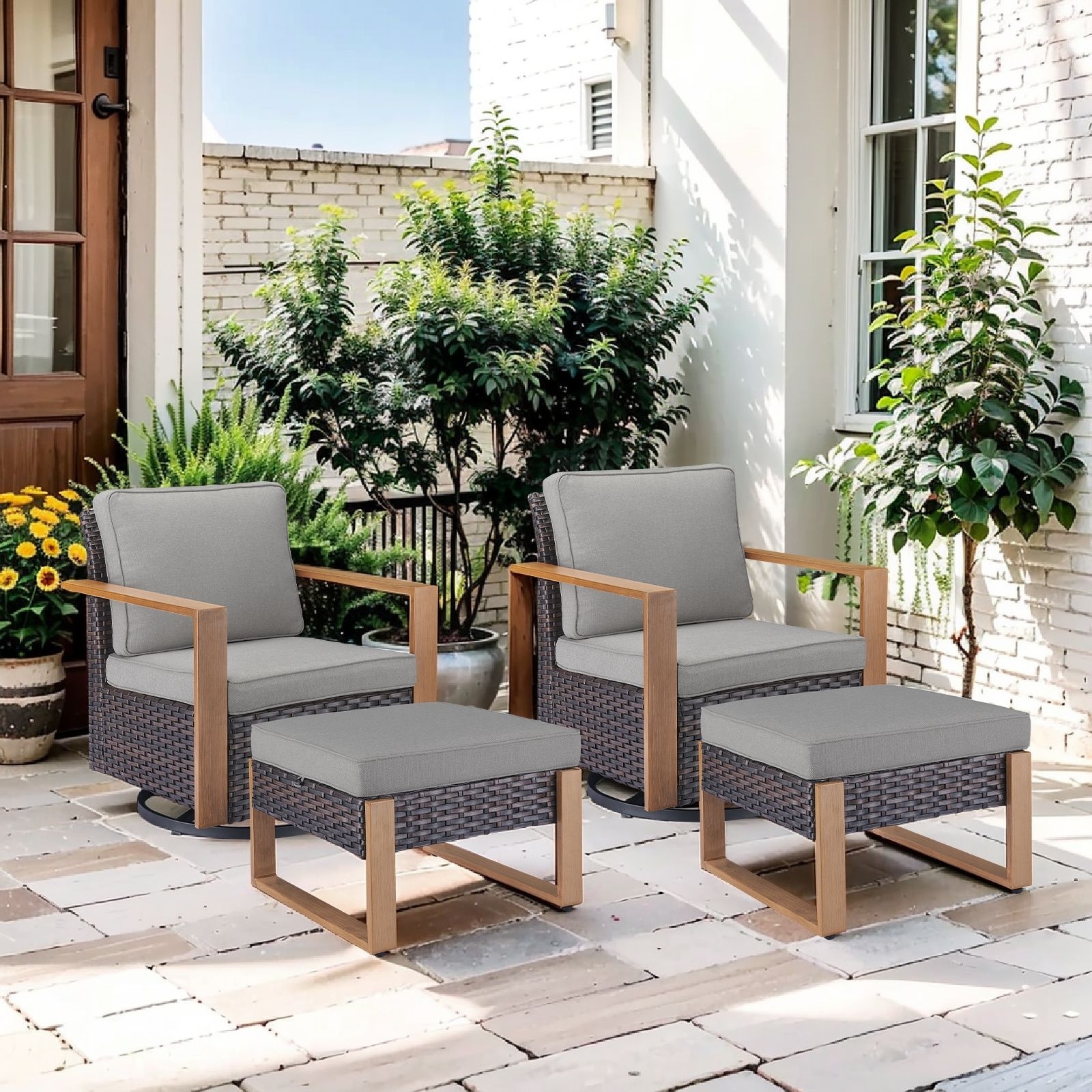 Pocassy 4 Pieces Outdoor Patio Swivel Chair Ottoman Set
