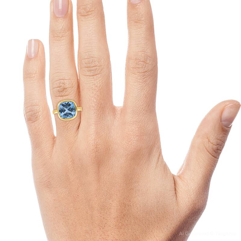 Cushion Blue Topaz Alexa Bezel Ring Yellow Gold